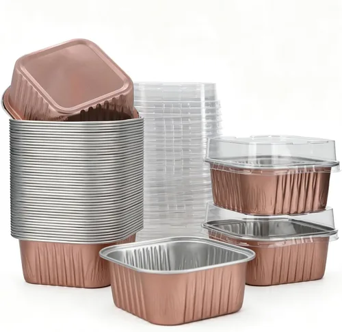 Vista 10 de 50 piezas de mini tazas cuadradas para hornear con tapas, mini moldes de papel de aluminio de 5 onzas con tapas, moldes desechables para tartas
