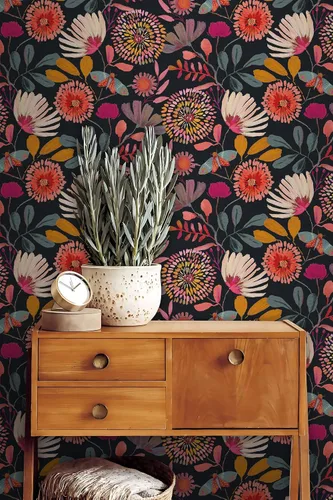 Vista 4 de Papel tapiz floral para despegar y pegar, extraíble, impermeable, azul marino/rosa/naranja, papel de contacto para dormitorio, baño, pared