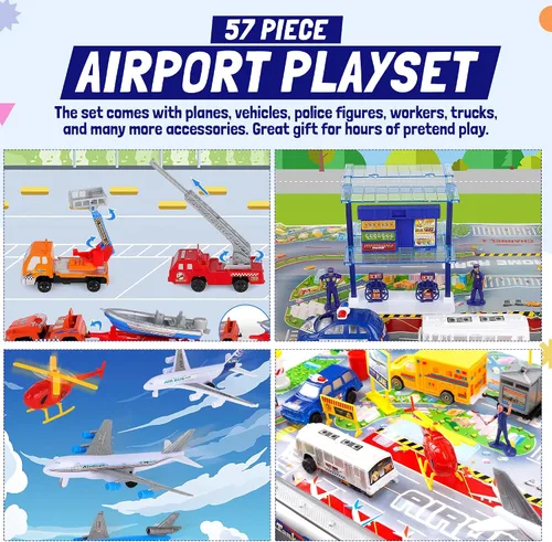Vista 3 de Juego de 57 piezas de aeropuerto comercial con juguetes de avión, vehículos de juego, camiones de bomberos, autos y figuras de policía, y accesorios