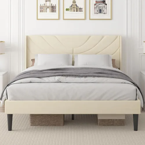 Vista 15 de VECELO Marco de Cama Tamaño Twin Plataforma Tapizada con Cabecera de Tela Ondulada/Soporte de Listones de Madera/No Necesita Somier/Base de Colchón
