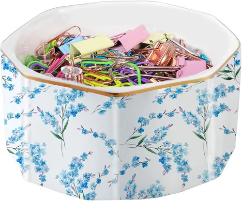Vista 12 de Portaclips de Cerámica con Línea Dorada Dispensador Organizador de Clips para Escritorio Lindo Patrón de Mármol Terrazo Portaclips de Oficina