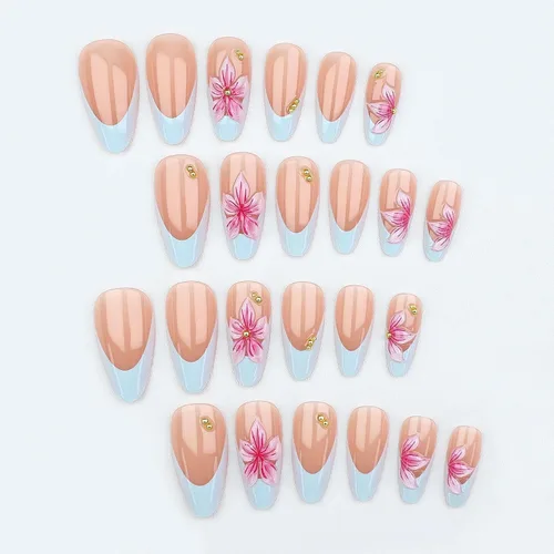 Vista 2 de Uñas postizas largas a presión con forma de almendra, color azul Seeneey