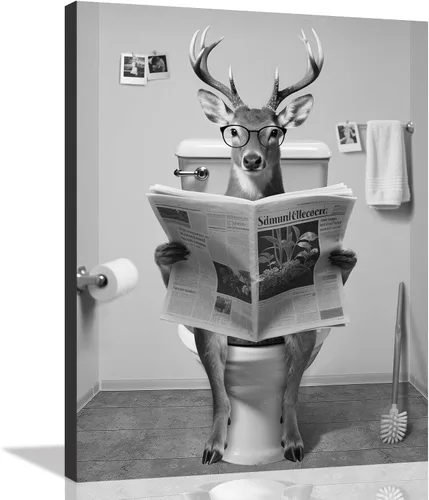 Vista 15 de Decoración de Arte de Pared en Blanco y Negro – Oso con Gafas Sentado en el Inodoro Leyendo Periódico, Impresiones en Lienzo, Imágenes de Animales