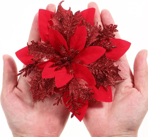 Vista 3 de Toyvian Flores de pascua artificiales con purpurina navideña, 12 adornos de flores para árbol de Navidad, decoración de fiesta de Navidad con 12 Rojo