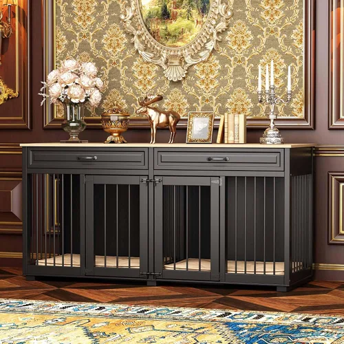 Vista 7 de Muebles para Perrera, 64.6 Pulgadas de Madera Resistente Jaula para Perros Grande Estilo Mueble con Cajones y Divisor, Casa para Perros