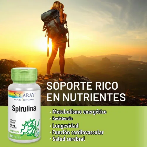 Vista 4 de SOLARAY Spirulina 410mg Superalimento de algas apoya energía, vitalidad y salud general 100 unidades, 100 Serv.
