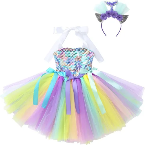 Vista 3 de TiaoBug Kids Girls Mermaid Costumes Fairy Princess Tutu Dress with Flower Headband Set Birthday Party Fancy Dress Up