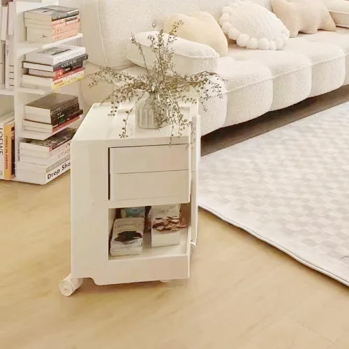 Vista 3 de Mesita de noche con 2 cajones, mesa auxiliar giratoria de 360° junto a la mesita de noche, muebles organizadores, moderna mesita de noche