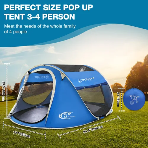 Vista 2 de ZOAMKE - Tienda de campaña fácil desplegable para 2 a 4 personas, impermeable, tienda de campaña emergente automática para acampar Azul 3-4 Persona