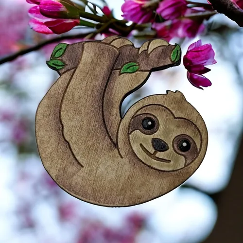 Vista 2 de Baby Sloth 1.5" Handpainted Wood Pin Nature Art Joanie