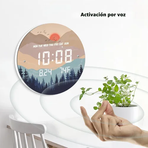 Vista 5 de Reloj de pared digital inteligente iluminado con puesta de sol automático con calendario de temperatura y tiempo, relojes de pantalla grande, reloj