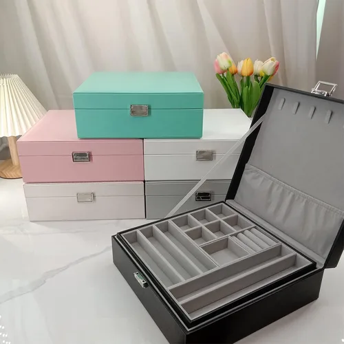 Vista 7 de BOOVO Joyero de piel sintética con cerradura organizador de joyas multifuncional para mujer adecuado para almacenamiento collares anillos pulseras