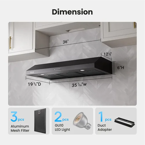 Vista 9 de VIKIO HOME Campana Extractora Bajo Gabinete de 36 Pulgadas, 580 CFM Ventilación de Cocina de Motor Dual con Luces LED, Control de Botones, Campana