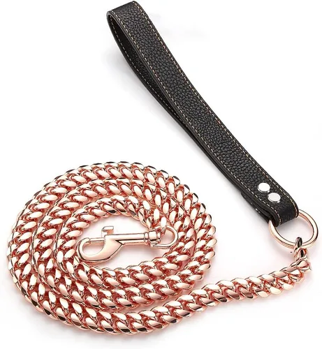 Vista 6 de Correa de perro con cadena de oro rosa resistente de 3 pies/4 pies/5 pies, acero inoxidable para entrenamiento, caminar, fácil gancho, mango