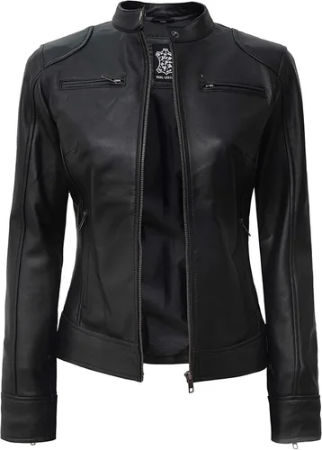 Vista 2 de Decrum Chaquetas de cuero para mujer - Chaqueta de cuero de piel de cordero real estilo Café Racer Causal y de moda para mujer
