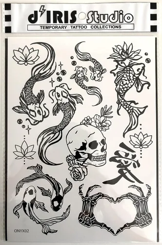 Vista 4 de Tatuajes temporales para mujeres adultas – 2 hojas – Black Big Ying y Yang Koi Fish Kanji Love Skeleton Heart Hand Skull Lotus Sleeve Adultos Tattoo