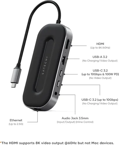 Vista 2 de Satechi Adaptador multipuerto USB C, USB4 6 en 1 con HDMI 8K, carga USB C PD de 100 W, 2 puertos USBC y 1 puerto de datos USB-A, Ethernet, conector