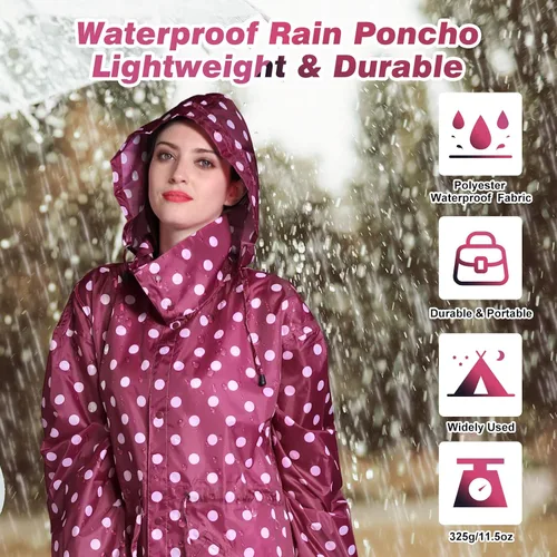 Vista 2 de Chubasqueros largos para mujer, impermeable, plegable, con capucha, rompevientos ligeros y ajustables para exteriores