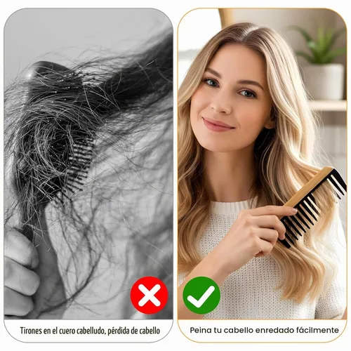 Vista 6 de Juego de 3 peines de bambú para dientes anchos, peine de madera para cabello rizado, grueso, húmedo, antiestático, con dientes de baquelita, peines