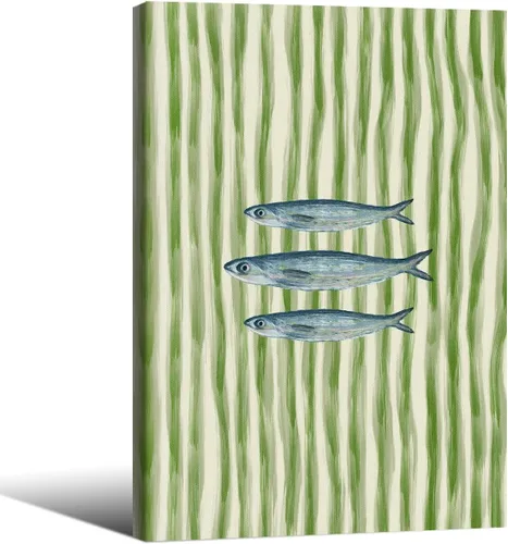 Vista 28 de Impresiones de Sardinas - Pósteres de pared de cocina de moda, diseño de rayas verdes, retro y moderna, estética de alimentos para el hogar