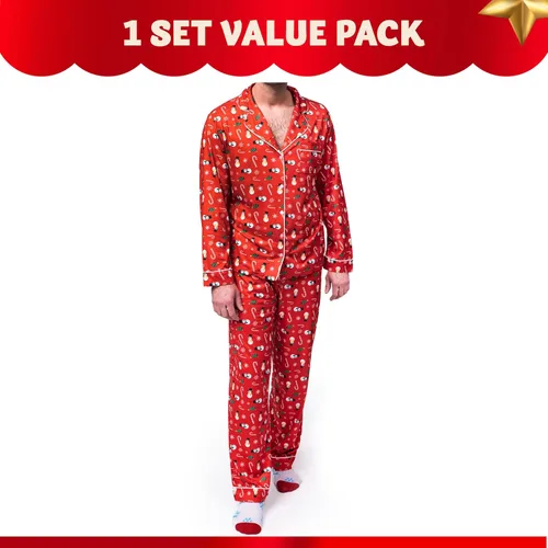 Vista 2 de JOYIN Conjunto de pijama familiar a juego, pijama de Navidad a cuadros negros y rojos, pantalones de descanso y calcetines