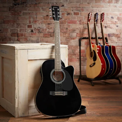 Vista 7 de Jameson Guitars - Guitarra eléctrica acústica Thinline de tamaño completo con funda y púas, negra, para diestros