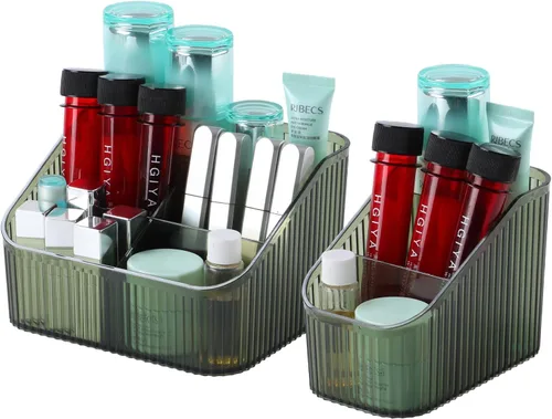 Vista 18 de Organizador de brochas de maquillaje ámbar para tocador, organizador de encimera de baño, 5 tazas, almacenamiento y exhibición de artículos