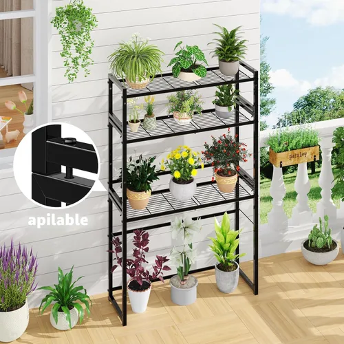 Vista 3 de Simple Trending Soporte de metal de 3 niveles para plantas al aire libre e interior, impermeable, apilable, resistente, estante alto para plantas
