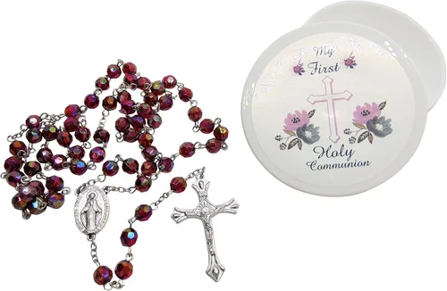 Vista 3 de Westmon Works Juego de rosario de primera comunión con cuentas rojas oscuras y centro de mesa de Nuestra Señora de Gracia con funda protectora