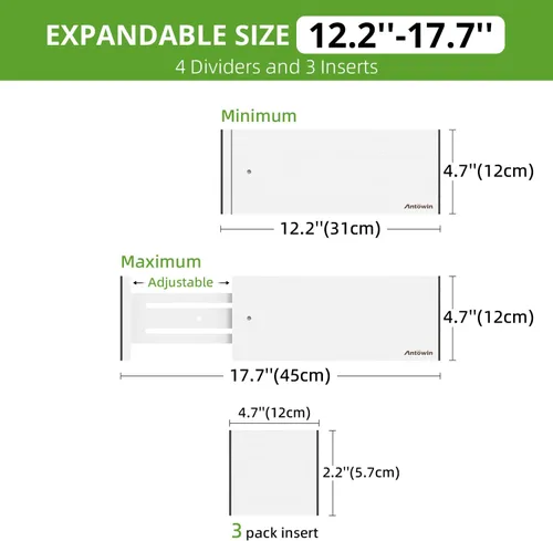 Vista 5 de ANTOWIN Paquete de 4 separadores de cajones expandibles, 4.7 pulgadas de alto, se extienden de 12.2 a 17.7 pulgadas, organizadores de cajones
