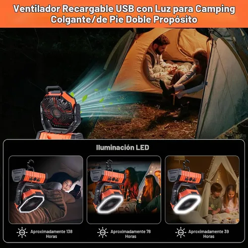 Vista 7 de Ventilador solar de campamento de 20000 mAh con panel solar de 10 W, banco de energía solar recargable para exteriores, linterna LED, tienda de Negro
