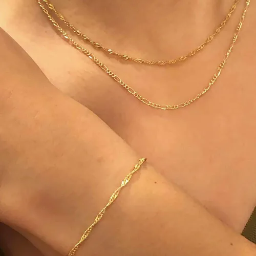 Vista 4 de DeScount - Pulsera de cadena de elegante oro para mujer, pulseras de cadena individual o en capas, con eslabón de dije de corazón, karma, triángulo
