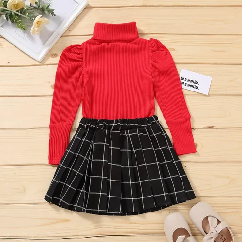 Vista 3 de 2 PCS Baby Girls Sweater Plaid Pleated Skirt Outfits Turtleneck Rib Knitwear Set Casual Clothes Set Toddler Kids