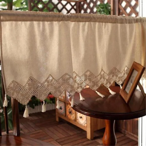 Vista 14 de Cenefa de cortina rústica bohemia para ventana de cocina, casa de campo, hecha a mano, entretejido de encaje de ganchillo, tela de algodón, cortinas