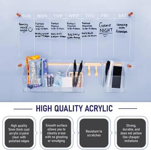 Vista 4 de Portalápices acrílico para calendario de pared transparente, organizador de 3.7 x 3 x 5 pulgadas con herrajes dorados para bolígrafos, lápices