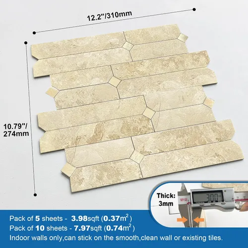Vista 5 de Azulejos Adhesivos de Piedra para Salpicadero de Cocina Despegar y Pegar Paneles de Pared de Mosaico Lineal Mate Impermeables para Baño