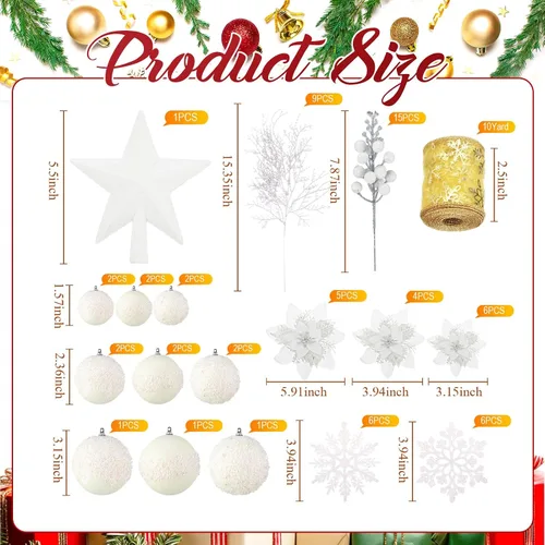 Vista 3 de Moucuny Set de 68 Piezas de Adornos para Árbol de Navidad, Adorno de Bola de Árbol de Navidad con Purpurina Inastillable, Flores de Pascua, Cinta