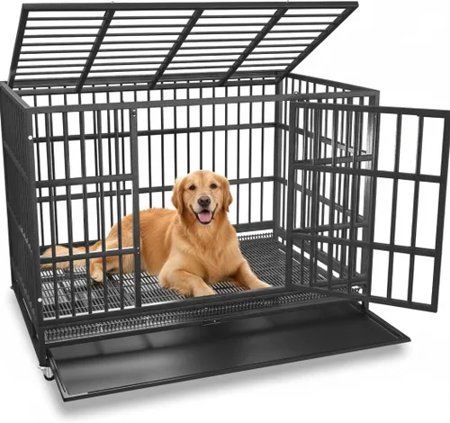 Vista 10 de KOKOTANGS Jaula de 38 pulgadas para perros grandes, perrera de acero indestructible a prueba de escape con ruedas para perros de alta ansiedad