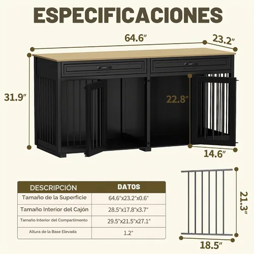 Vista 2 de Muebles para Perrera, 64.6 Pulgadas de Madera Resistente Jaula para Perros Grande Estilo Mueble con Cajones y Divisor, Casa para Perros