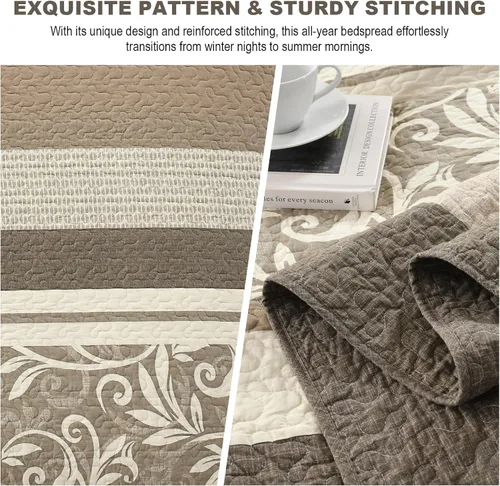 Vista 5 de Colchas ligeras tamaño King de 120x120, colcha de microfibra extra grande 100% algodón, colcha reversible con patrón botánico a rayas, juego de ropa