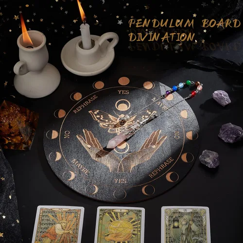 Vista 2 de AHANDMAKER Tabla de péndulo de bruja de 7.8 pulgadas, planchette de madera para radiestesia con péndulos de cristal de cuarzo rosa, herramientas