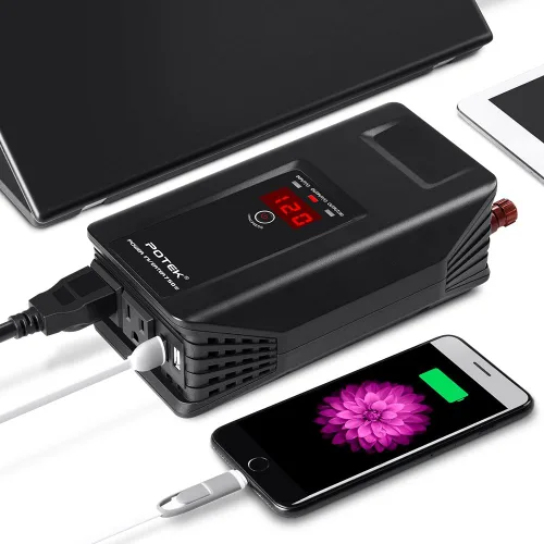 Vista 4 de POTEK - Inversor de corriente de 750W, adaptador de coche DC 12V a AC 110V, con dos puertos USB y puertos de carga AC para laptop, tableta, teléfono