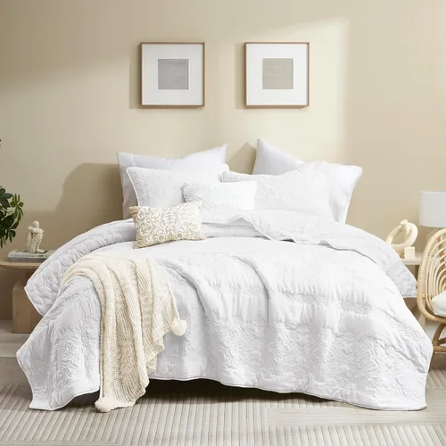 Vista 9 de B2EVER Juego de edredón de damasco beige tamaño individual con 1 funda de almohada, colcha boho ligera y suave de estilo granja vintage bohemia