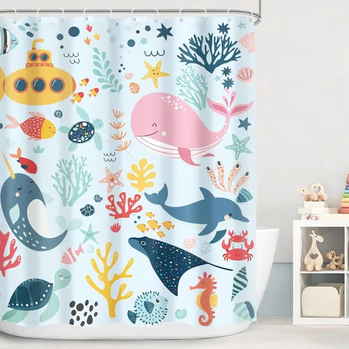 Vista 14 de Cortina de ducha para niños, océano, verano, linda ballena de dibujos animados, divertida decoración de baño para guardería, niños y niñas