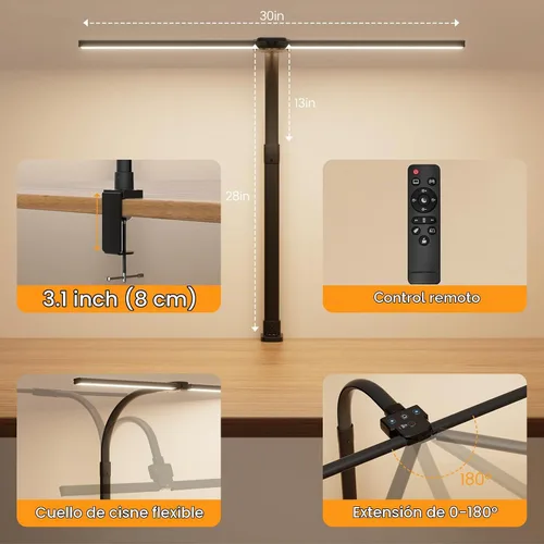 Vista 4 de Lámpara LED de Escritorio para Oficina en Casa, Luz de Escritorio de Computadora de 24W con Control Remoto, Lámpara de Mesa Brillante Regulable