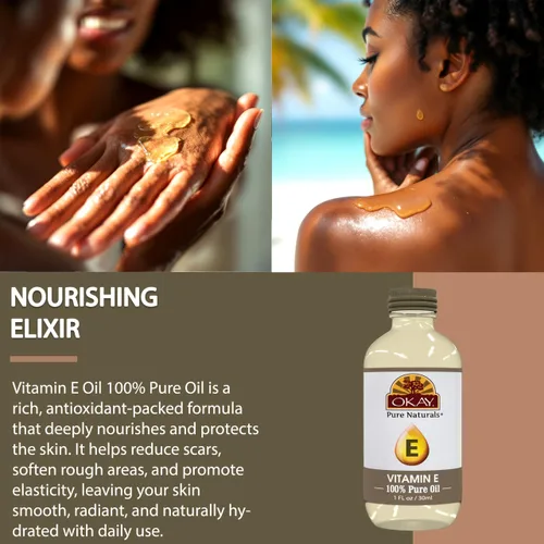 Vista 3 de Okay Aceite de vitamina E para todas las texturas de cabello y tipos de piel, todo natural, 1 onza líquida