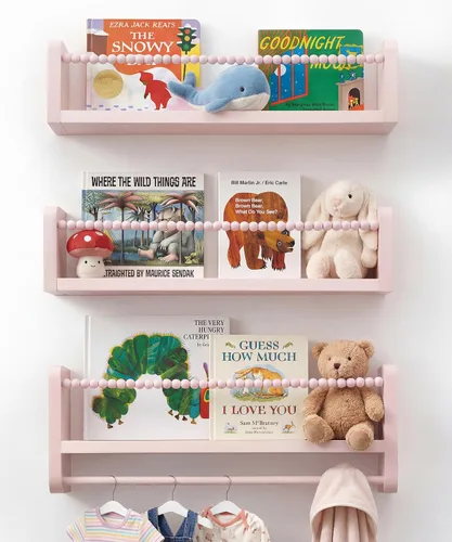 Vista 12 de Juego de 3 estantes para libros de guardería para pared, estantes de madera natural, decoración de pared, pequeño organizador flotante