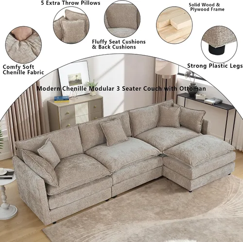 Vista 3 de Setawix Sofá Profundo de 3 Plazas con Otomana, Sofás de Nube en Forma de L de 112.2" para Sala de Estar, Sofá de Nube de Chenilla con Asiento Café