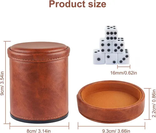 Vista 6 de Taza de dados de piel sintética marrón con tapa, taza de terciopelo interior silenciosa con 6 dados para juegos de dados mentirosos, Farkle/Yahtzee