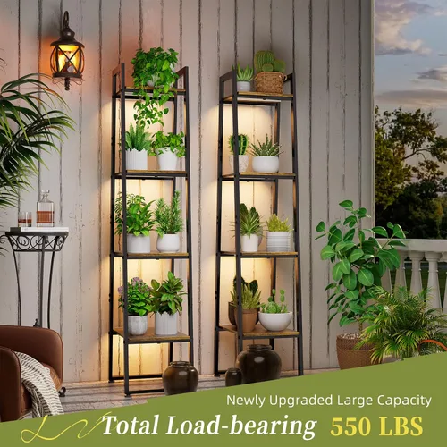 Vista 3 de Simple Trending - Soporte de metal alto de 4 niveles con luz de crecimiento, estante de escalera resistente para plantas de interior, soporte
